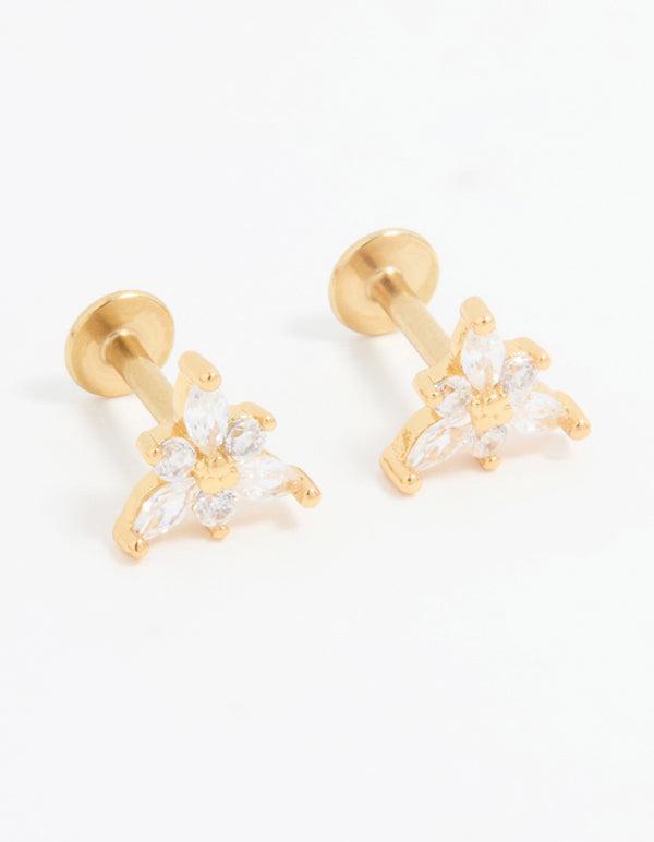Gold Plated Surgical Steel Cubic Zirconia Flower Flat Back Earrings Pack