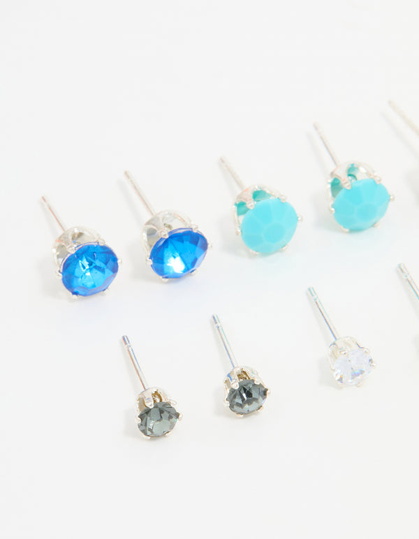 Silver Blue Diamante Stud Earrings 8-Pack