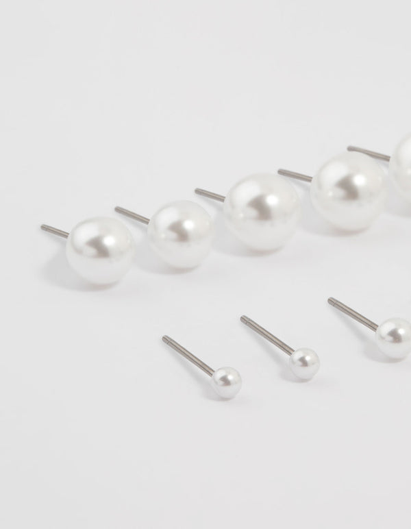 Silver Pearl Stud Earrings 8-Pack