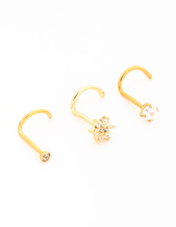 Gold Plated Titanium Threadless Flower Triangular Nose Studs 3-Pack