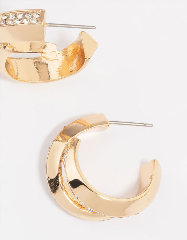 Gold Thick Diamante Double Hoop Earrings