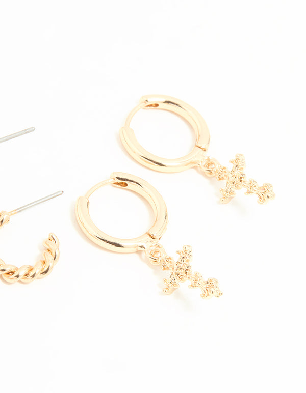 Gold Diamante Cross Huggie Earrings 3-Pack