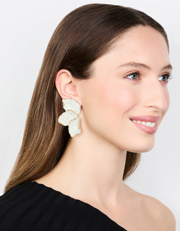 White Coated Metal Marble Floral Drop Earrings