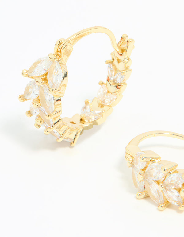 Detailed view of gold plated cubic zirconia vine hoop earrings with crystal accents in clear close up view