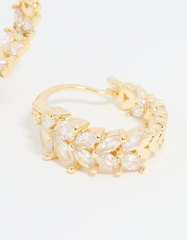 Highlighting gold plated cubic zirconia vine hoop earrings crystal design with closure mechanism in clear post detail view