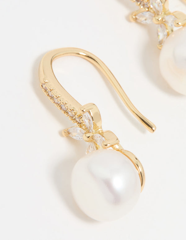 Gold Plated Pearl & Flower Hook Earrings