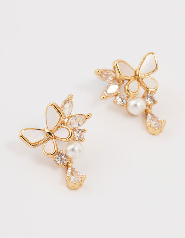 Gold Plated Pearl Butterfly Mini Drop Earrings