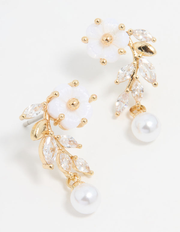 Gold Plated Pearl Flower Drop Earrings
