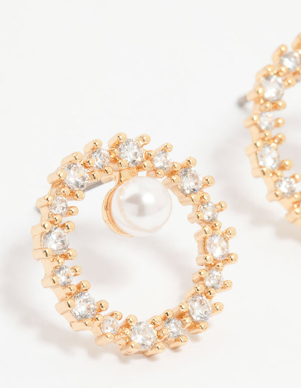 Gold Plated Cubic Zirconia Pearl Wreath Stud Earrings