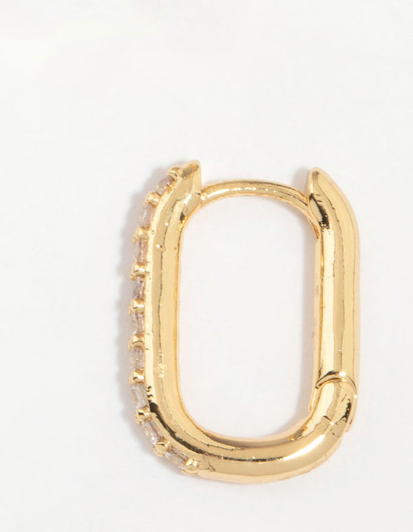 Highlighting the hoop closure mechanism and construction of gold plated diamante oval earrings post detail view