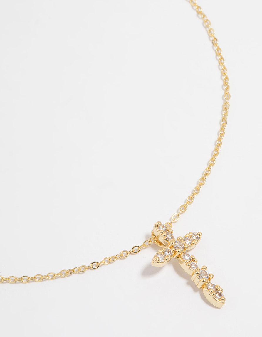 Gold Plated Cubic Zirconia Cross Pendant Necklace