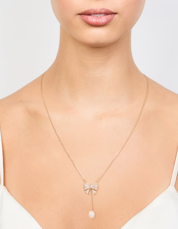 Gold Plated Pearl & Cubic Zirconia Chunky Bow Y-Necklace