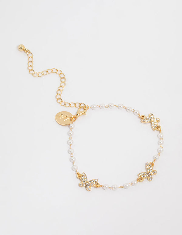 Gold Plated Pearl & Butterfly Charm Bracelet