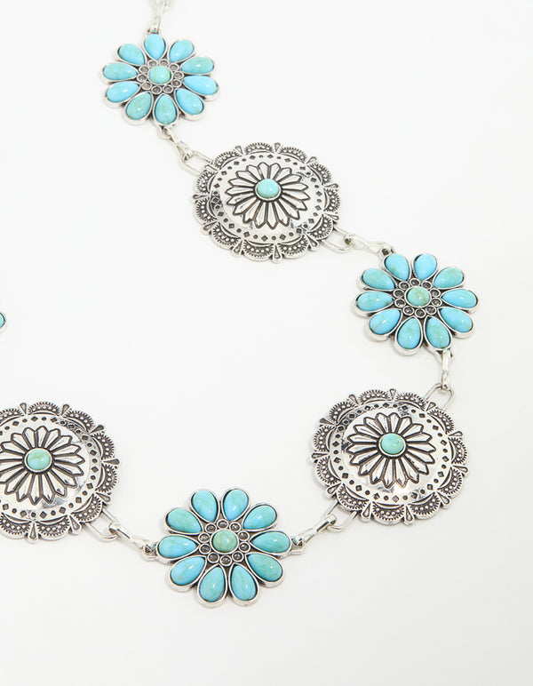 Silver & Turquoise Stone Boho Flower Ornate Belt