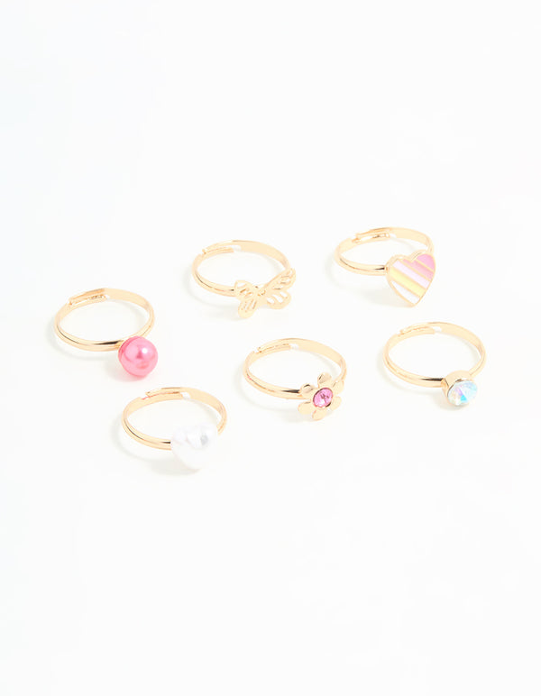 Kids Gold Pearl Heart & Butterfly Stacking Rings 6-Pack