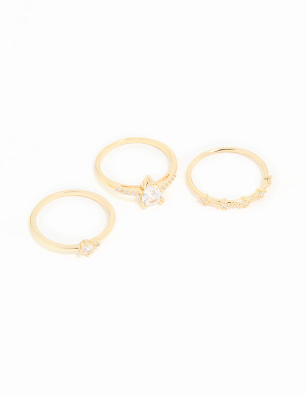 Gold Plated Cubic Zirconia Elegant Pear Stacking Rings 3-Pack