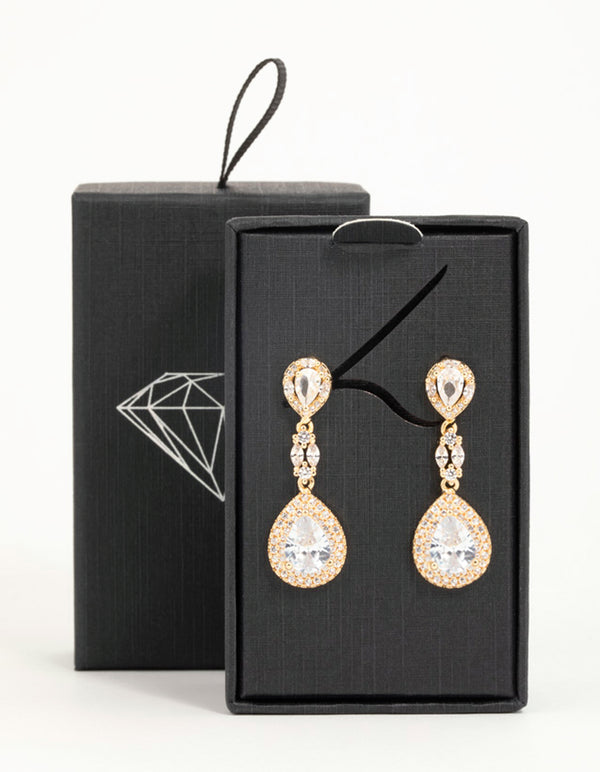 Presenting gold cubic zirconia halo pear drop earrings with clear accents post detail view