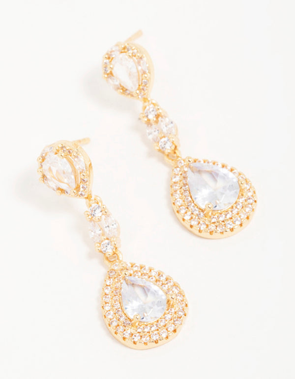 Showcasing gold cubic zirconia halo pear drop earrings with clear accents front view