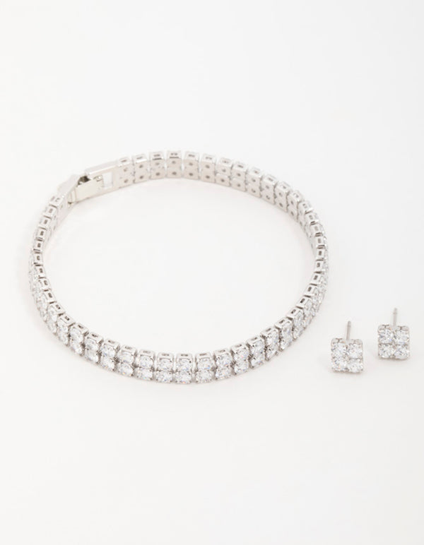 Silver Cubic Zirconia Flower Earrings & Tennis Bracelet Set
