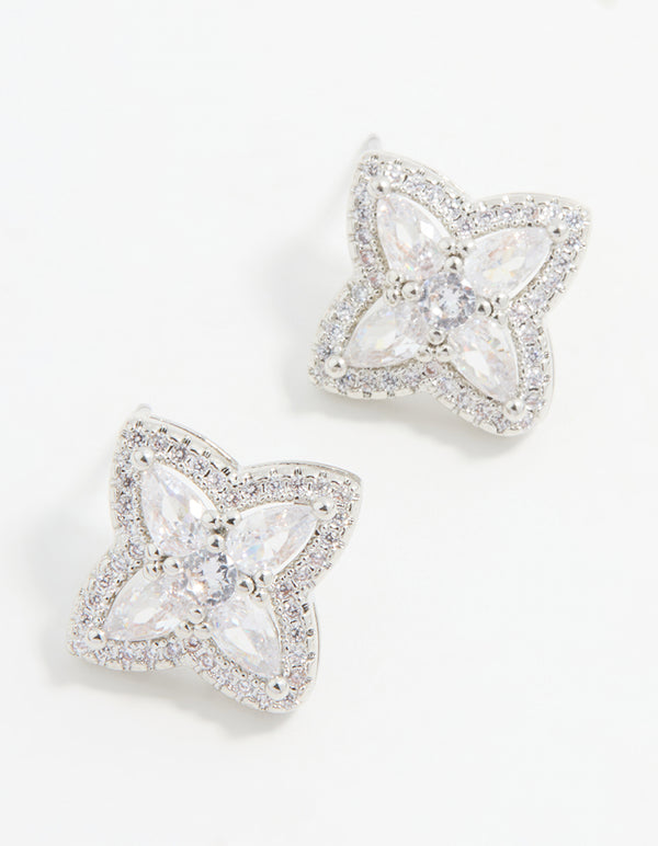 Silver Cubic Zirconia Marquise Flower Stud Earrings