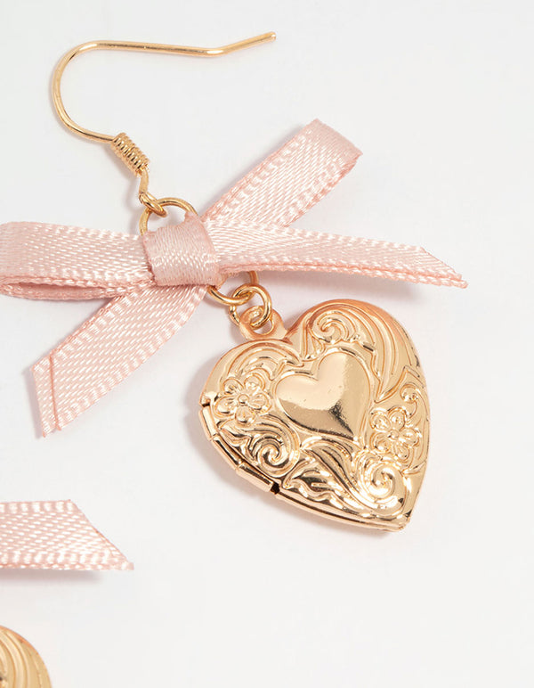 Gold Heart Locket & Pink Bow Drop Earrings