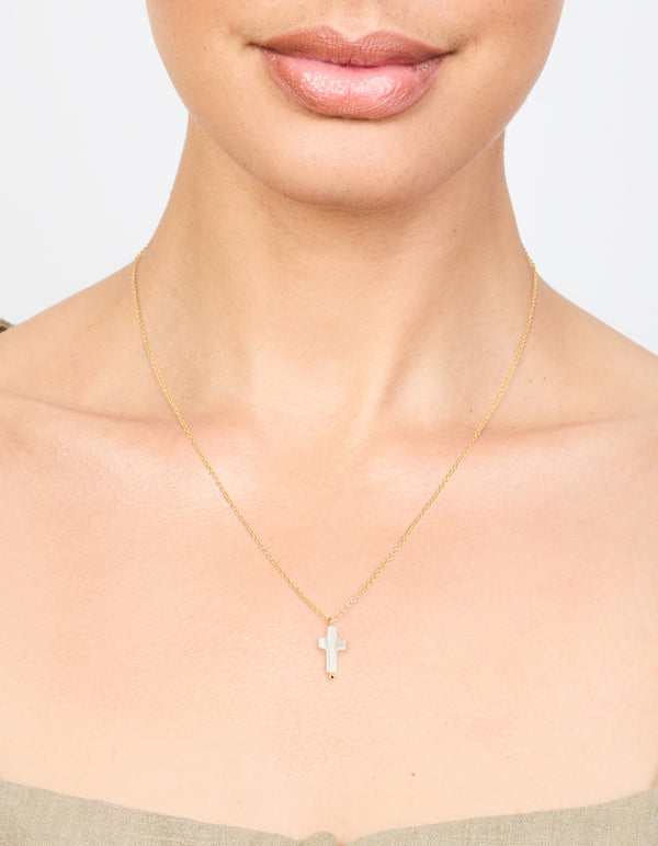 Gold Plated Mother Of Pearl Cross Pendant Necklace