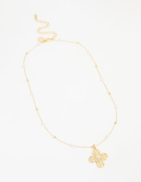 Gold Plated Pearl Station Cross Necklace