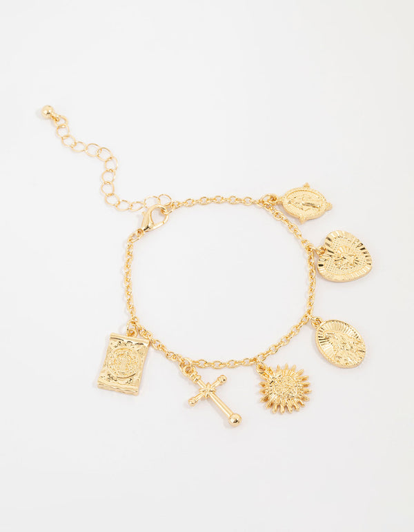 Gold Plated Cross Heart & Sun Charm Bracelet