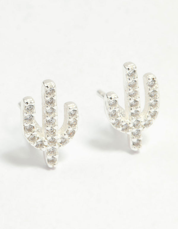 Sterling Silver Cubic Zirconia Pave Cactus Stud Earrings