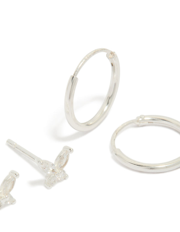 Sterling Silver Cubic Zirconia Butterfly Stud & Hoop Earrings 3-Pack
