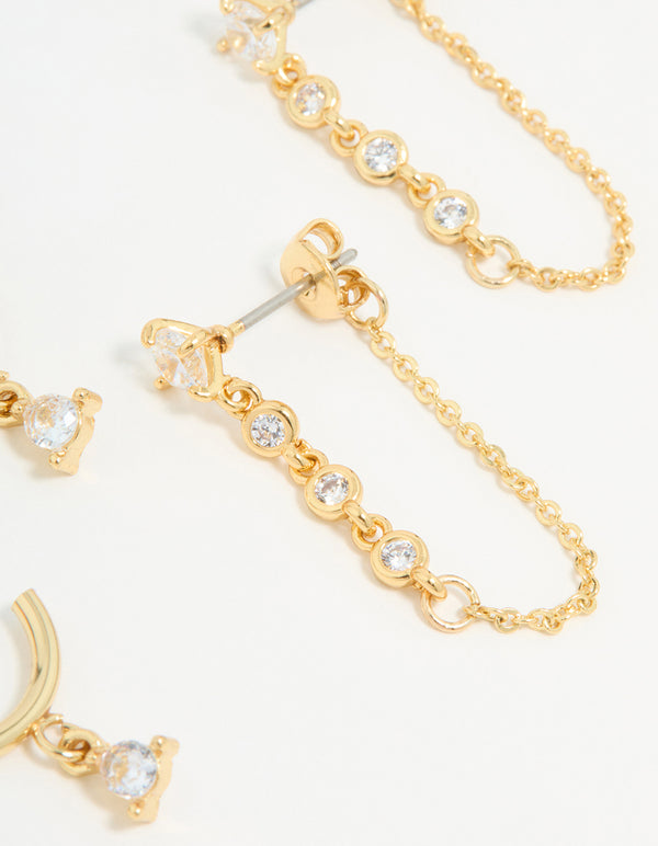 Gold Plated Cubic Zirconia Stud & Chain Earrings 2-Pack