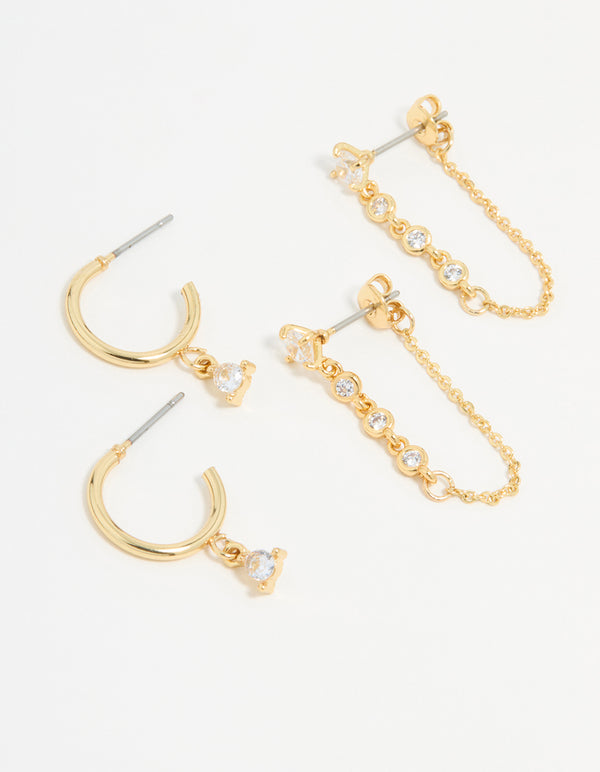 Gold Plated Cubic Zirconia Stud & Chain Earrings 2-Pack