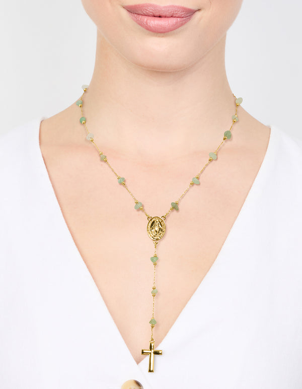 Gold Plated Green Semi Precious Cross Y-Necklace