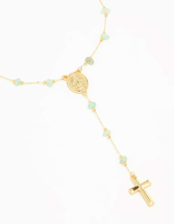Gold Plated Green Semi Precious Cross Y-Necklace