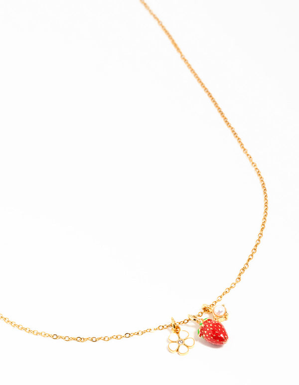 Waterproof Gold Plated Stainless Steel Strawberry & Flower Pendant Necklace