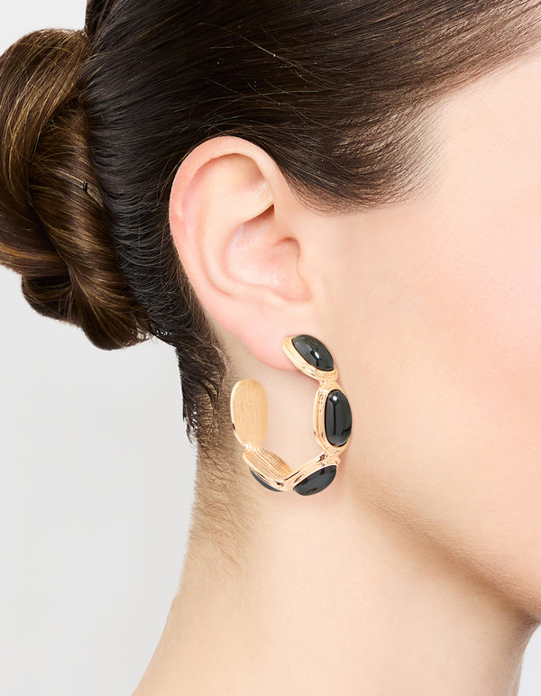 Gold Black Stone Hoop Earrings