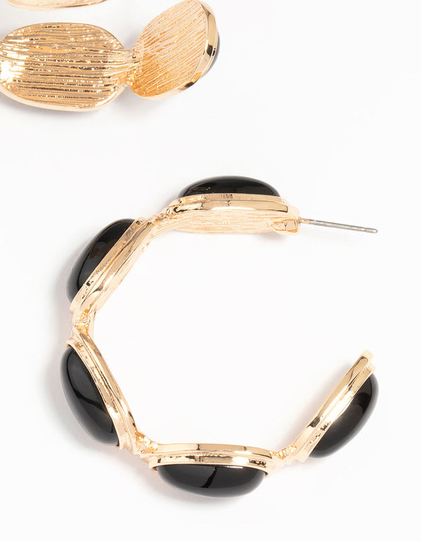 Gold Black Stone Hoop Earrings