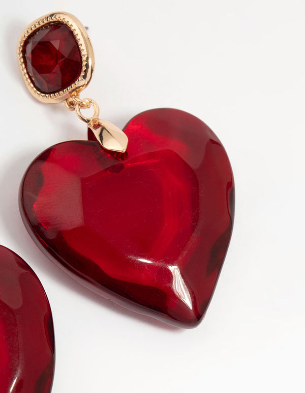 Gold Red Acrylic Heart Drop Earrings