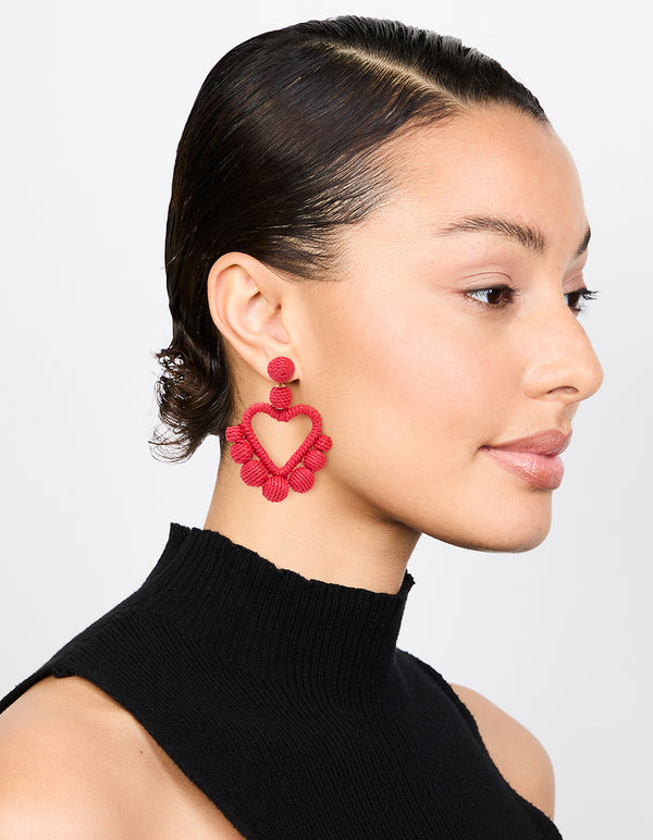 Gold Red Thread Wrapped Heart Drop Earrings