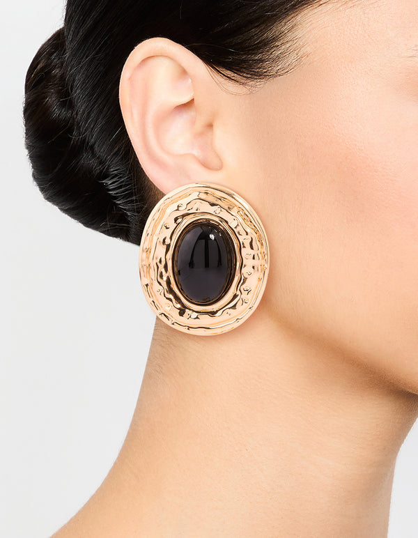 Gold Hammered Black Stone Stud Earrings