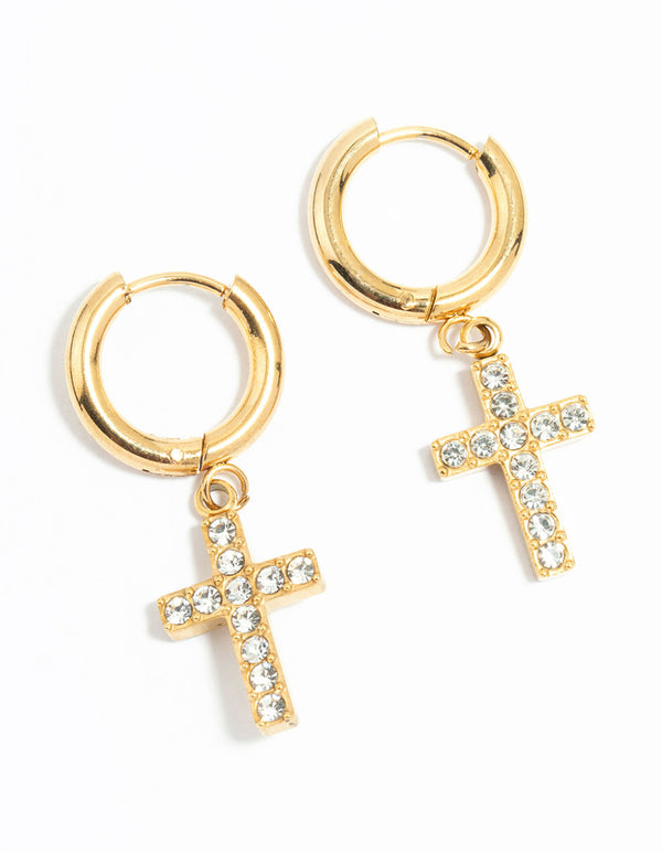Waterproof Gold Plated Stainless Steel Diamante Cross Huggie Earrings