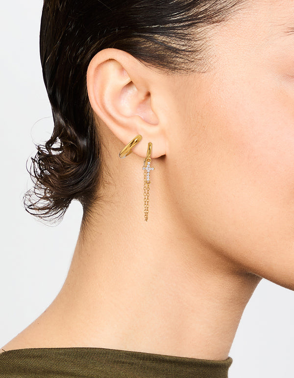 Waterproof Gold Plated Stainless Steel Cubic Zirconia Chain Huggie Earrings 2-Pack