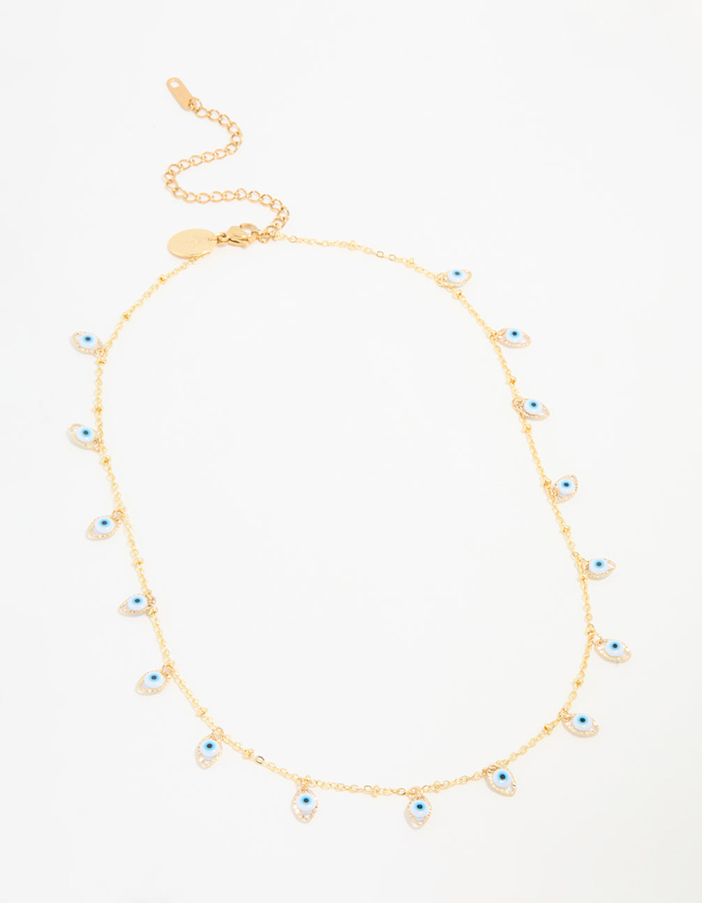 Crafted from waterproof gold plated stainless steel evil eye charm necklace with pendant features front view