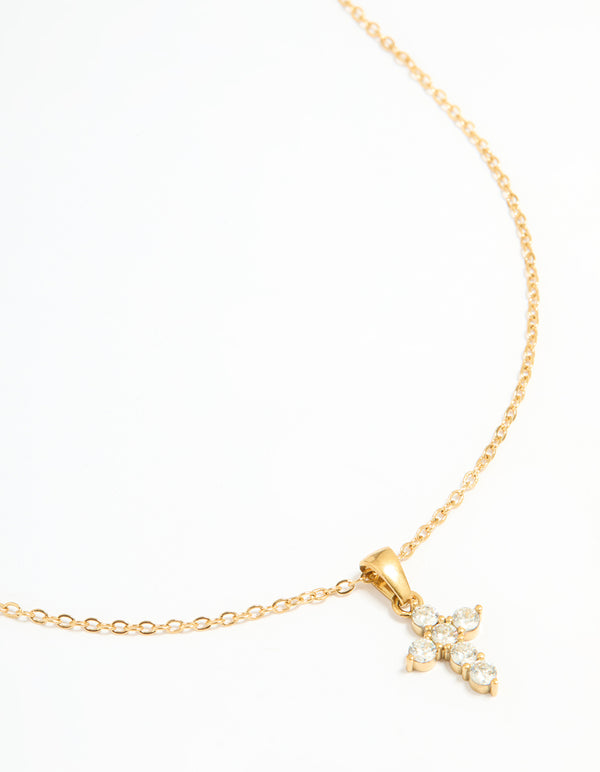 Waterproof Gold Plated Stainless Steel Cubic Zirconia Cross Pendant Necklace