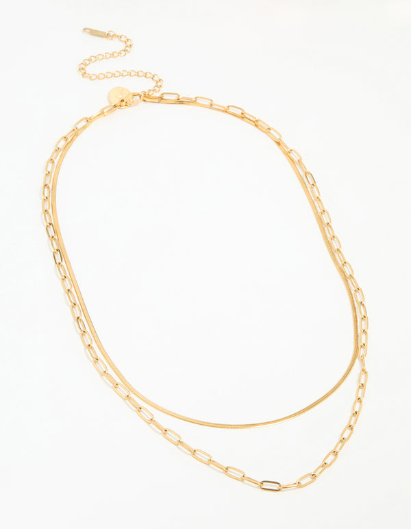 Introducing a waterproof double link layered necklace in gold plated stainless steel featuring chunky design front view