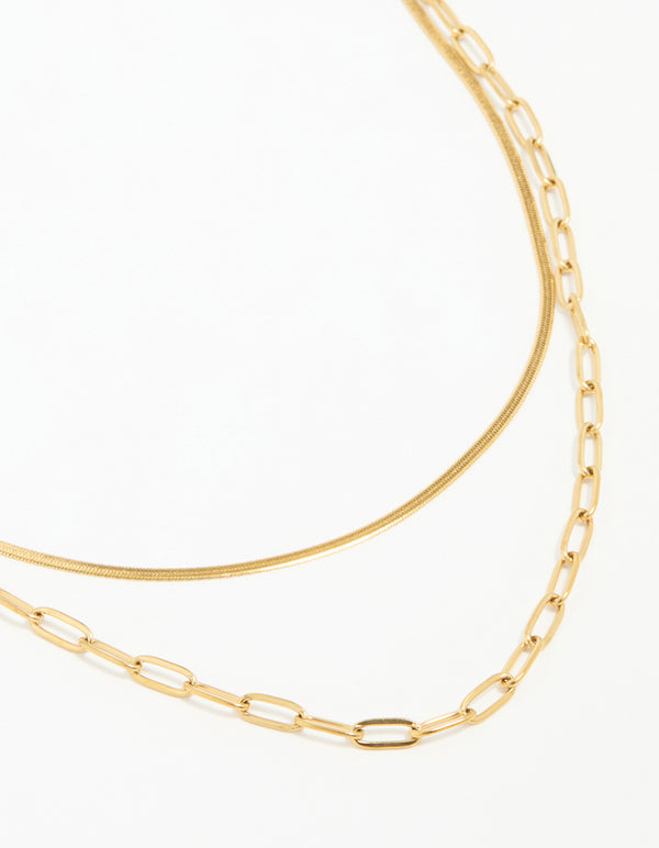Showcasing a waterproof double link layered chunky style necklace crafted from gold plated stainless steel close up view