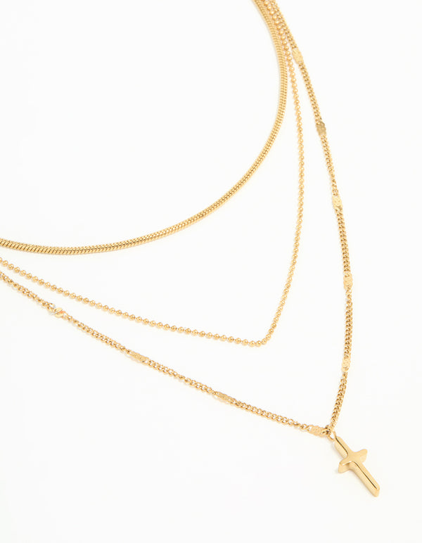 Waterproof Gold Plated Stainless Steel Cross Layered Necklace