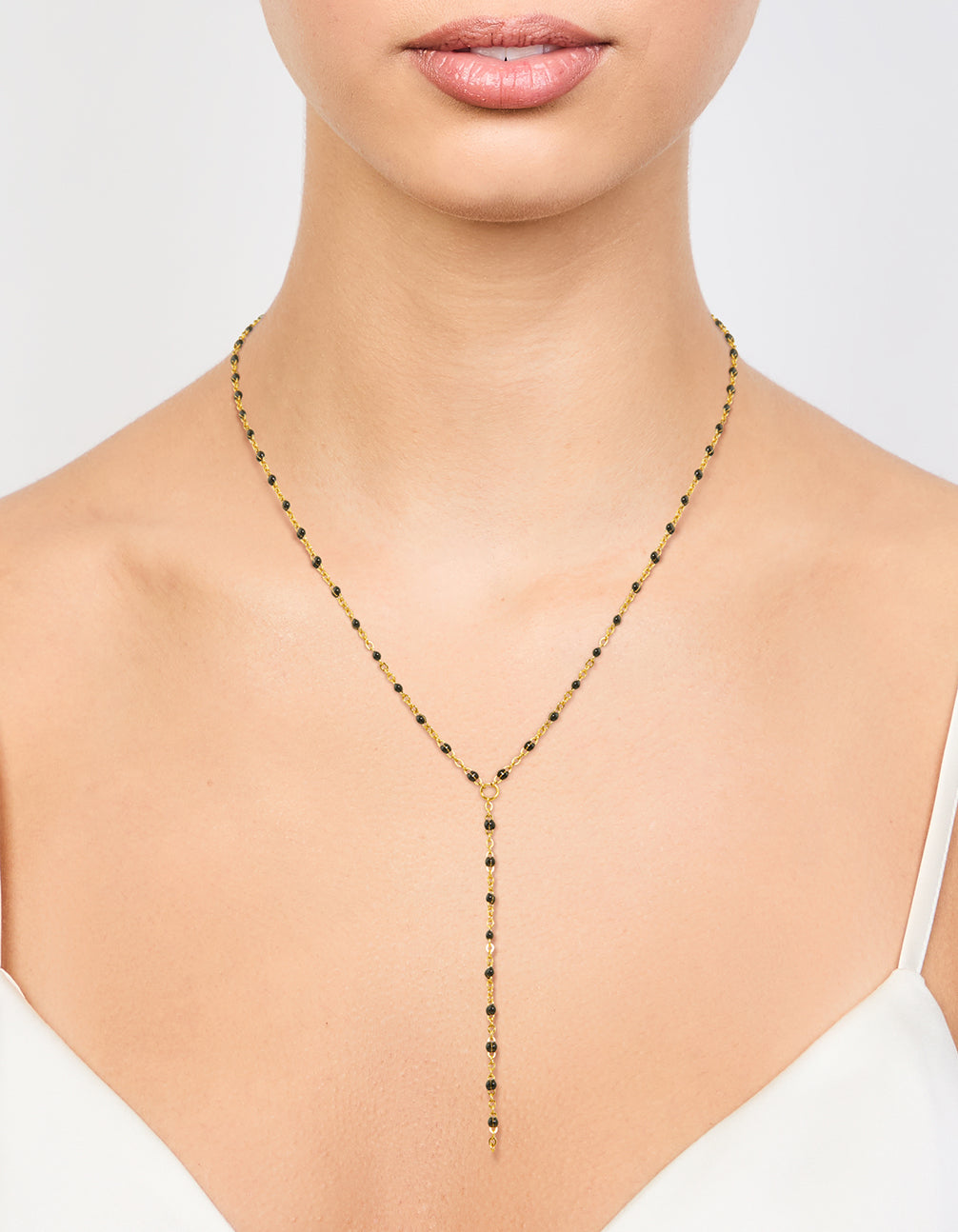 Waterproof Gold Plated Stainless Steel Black Bead Y-Necklace