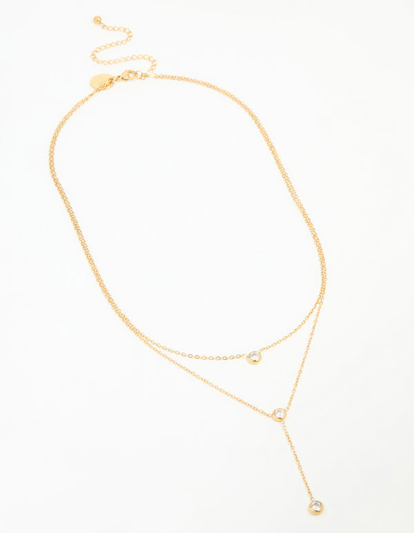 Waterproof Gold Plated Stainless Steel Diamante Pendant Layered Necklace