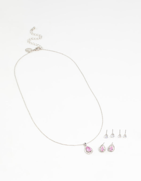 Silver Pink Cubic Zirconia Drop Necklace & Stud Earrings Set